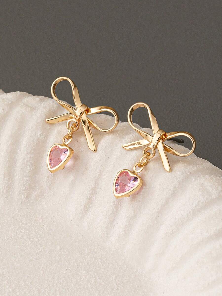 一对金色蝴蝶结心形吊坠耳环，简约粉色立方氧化锆心形水滴耳环，女士情人节蝴蝶心形耳环首饰，女士礼物，情人节礼物（送给妻子、女友、妈妈、母亲），母亲节礼物 - 彩色 - 查看 1