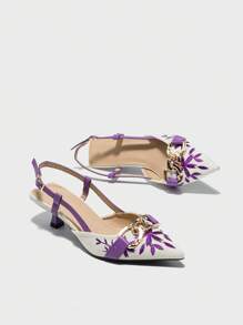 女士链条装饰刺绣花朵图案尖头露跟小猫跟穆勒鞋，时尚舒适露跟正装鞋，适合优雅派对、正式场合、办公室穿着，适合春、夏、秋、冬，紫色低跟鞋，优雅，女式浅口鞋 - 紫色 - 查看 6