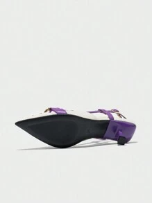 女士链条装饰刺绣花朵图案尖头露跟小猫跟穆勒鞋，时尚舒适露跟正装鞋，适合优雅派对、正式场合、办公室穿着，适合春、夏、秋、冬，紫色低跟鞋，优雅，女式浅口鞋 - 紫色 - 查看 9