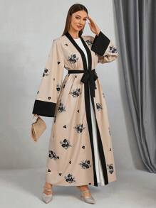 Women's Elegant Floral Print Colorblock Belted Abaya, Vacation Long Boho Modest Robe