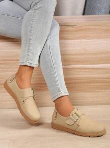 Women's French Style Slip-On Leather Flat Shoes With Round Toe And Buckle, Soft Sole, Comfortable For Commuting And Work, Spring/Autumn