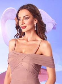 UNITHORSE One Shoulder Sleeveless Spraghetti Strapless Elegant Chiffon Maxi Bridesmaid Dress - Dusty Pink - View 8