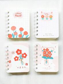4pcs/Set Floral Embellished Spiral Notebooks, Pocket Sized Mini A7 Diaries, Portable For Office, School,School Supplies,Back To School