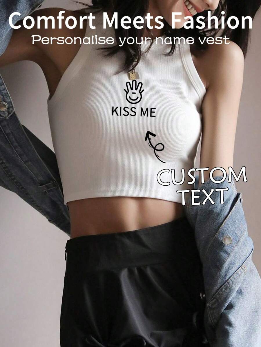 Individuelles, kurzes, geripptes Camisole für Damen, ärmelloses Lagen-Tanktop, enge Weste mit Racerback, ärmellose, lustige Oberteile für Sportjacken, Geschenke zum Valentinstag oder Jahrestag