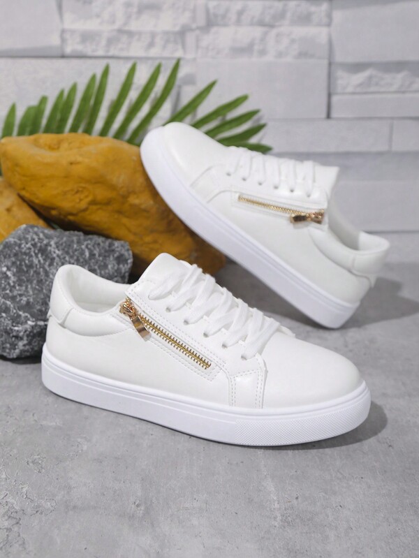 Plus Size Women's Flat Sneakers, White Canvas Fashion Versatile Casual Shoes With Metal Zipper