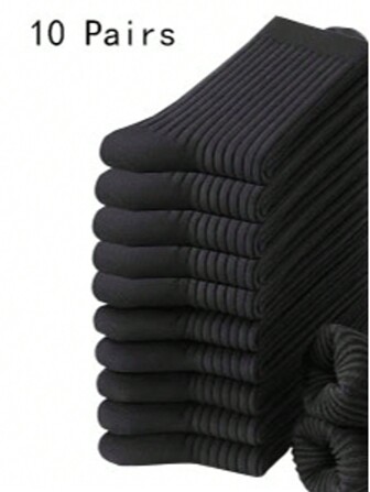 10 Pairs Men's Black Classic Sweat-Wicking Moisture-Absorbing Business And Sports Color-Matching Dress Crew Socks, Suitable For Daily Wear With Leather Shoes Or Sports Shoes, Fall
