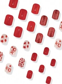 24 件短方形简约时尚可爱日常红心 XO 闪光设计全覆盖假指甲，情人节按压指甲