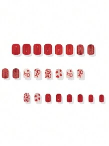 24 件短方形简约时尚可爱日常红心 XO 闪光设计全覆盖假指甲，情人节按压指甲