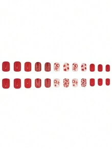 24 件短方形简约时尚可爱日常红心 XO 闪光设计全覆盖假指甲，情人节按压指甲