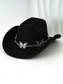 1pc Silvery Metal Butterfly Felt Cowgirl Hat, Fashionable , Suitable For Western-Style Outfits And Occasions Like Western Themed Events, Music Festivals