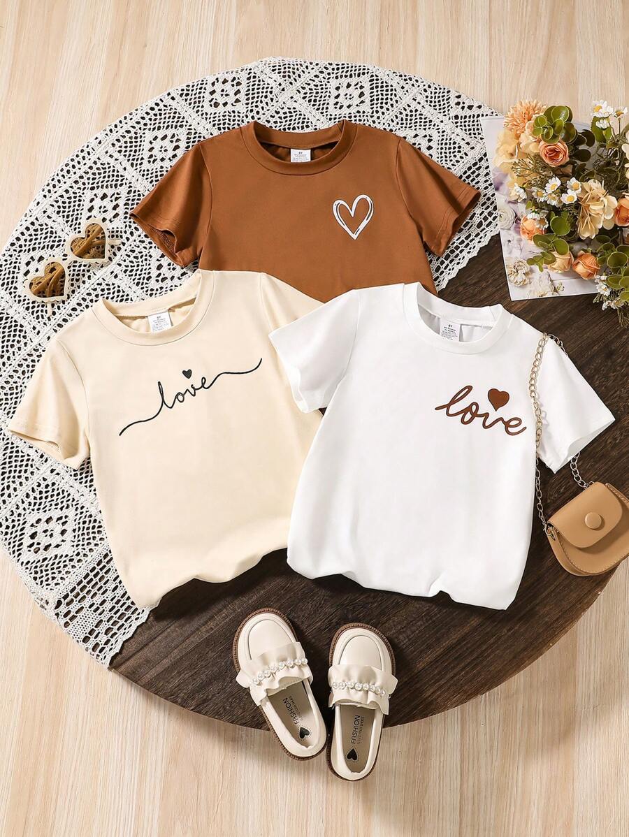 Bộ 3 áo thun tay ngắn cổ tròn in họa tiết trái tim và chữ cho bé gái, thời trang trẻ em, thoải mái, thoáng khí, mặc thường ngày mùa xuân/hè - Nhiều màu - Xem 1