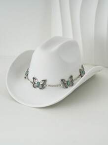 1pc Silvery Metal Butterfly Felt Cowgirl Hat, Fashionable , Suitable For Western-Style Outfits And Occasions Like Western Themed Events, Music Festivals