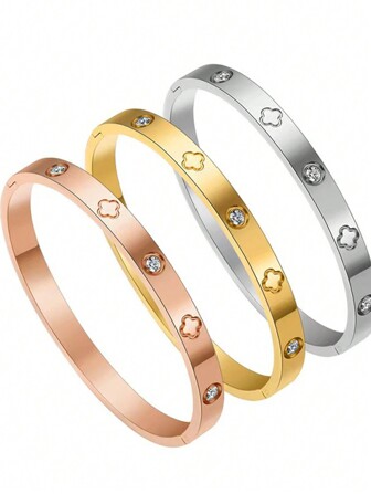 1 PIEZA Brazalete de acero inoxidable dorado con piedras artificiales para mujeres, no se mancha, ovalado, chapado en oro de 18 quilates, con flores de circonita cúbica artificial, regalo de joyería diseñador para adolescentes