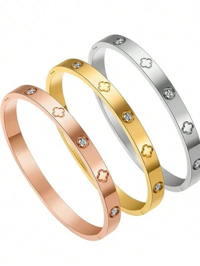 1PC Gold Stainless Steel Artificial Stones Bangle Bracelets For Women Non Tarnish Oval 18k Gold Plated Cubic Artificial Zirconia Flowers Bracelet Designer Jewelry Gift For Teen Girls