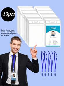 1/5/10/12pcs Clear Name Tags With Hanging Ropes, Plastic Vertical Name Badges, ID Card Clips, Blue Flat Hanging Ropes And Clips, Suitable For Office, Conference Business - Multicolor - View 10