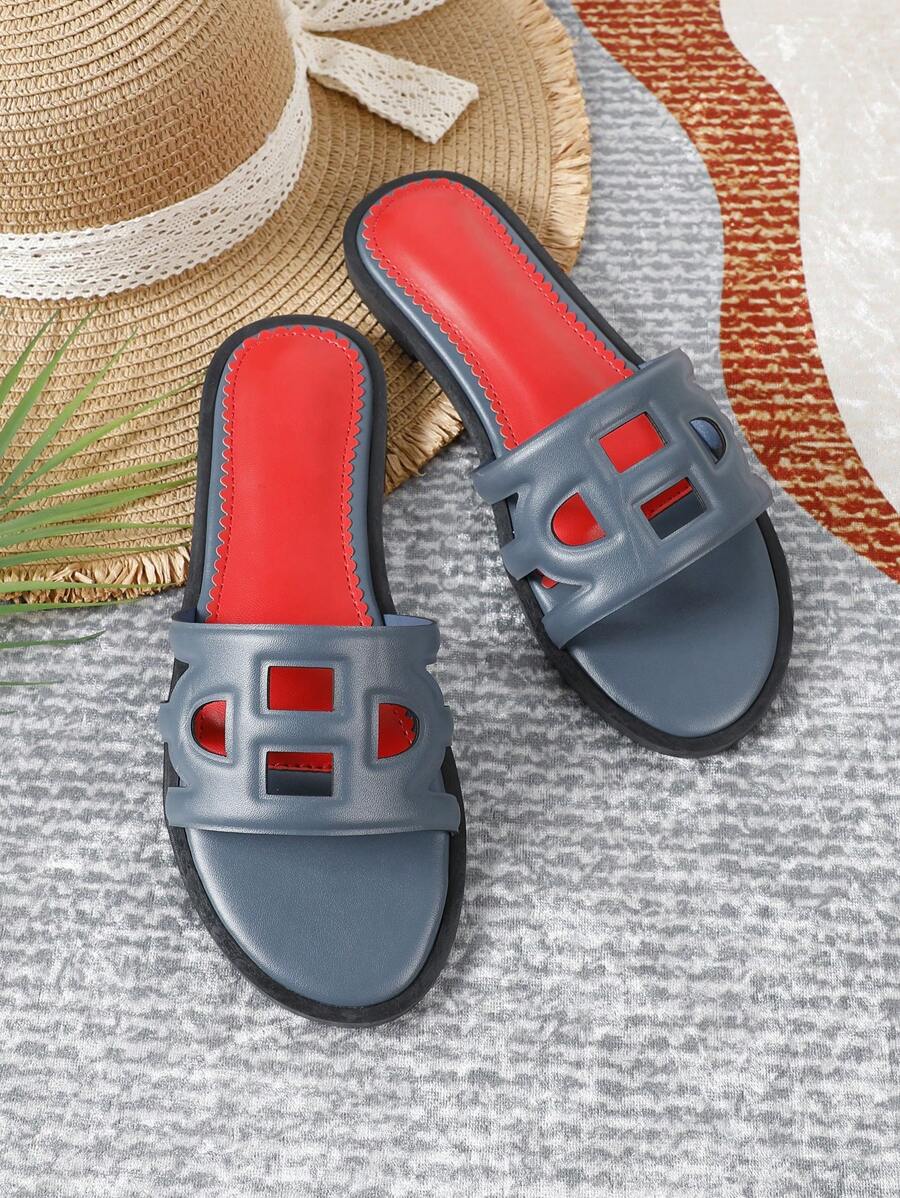 Women's Fashionable Round Toe Flat Slipper Shoes, Low Heel, Blue Color