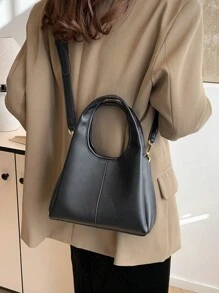 Bolso de mujer de estilo cubo, diseño elegante y minimalista, gran capacidad, color caqui, estilo de bandolera - Negro - Ver 4
