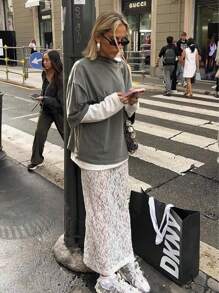 Sexy Hollow Lace A-Line Skirt For Women, Elegant Long Skirt, No Lining - White - View 2