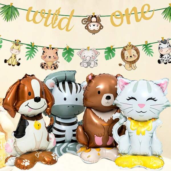 1 pièce Ballon en aluminium animal de 40 cm (16 pouces) avec base basse, chat, zèbre, girafe, léopard, ours brun, paon, chiot. Fournitures pour fête d'anniversaire, thème animalier, fête d'animaux de compagnie, peut tenir debout