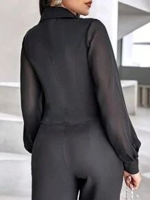 女士休闲/工作纯色灯笼袖衬衫 黑色 春季 - 黑色 - 查看 4