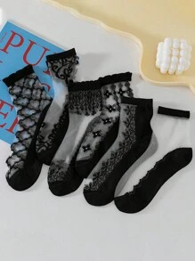 5 Pairs Women Short Socks, Lace Glass Silk, Fashion Casual, Spring/Summer Thin Breathable Moisture-Wicking Sexy Thin Socks Suitable For Daily Use & Sports - Multicolor - View 1