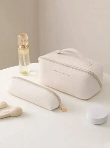 1/2 件乳白色化妆包，PU 皮革靠垫形状化妆包，便携式化妆刷袋，大容量便携式旅行洗漱包，用于化妆品存储，波西米亚风，适用于假日海滩、浴室收藏、卧室收藏，大容量 - 米色 - 查看 8