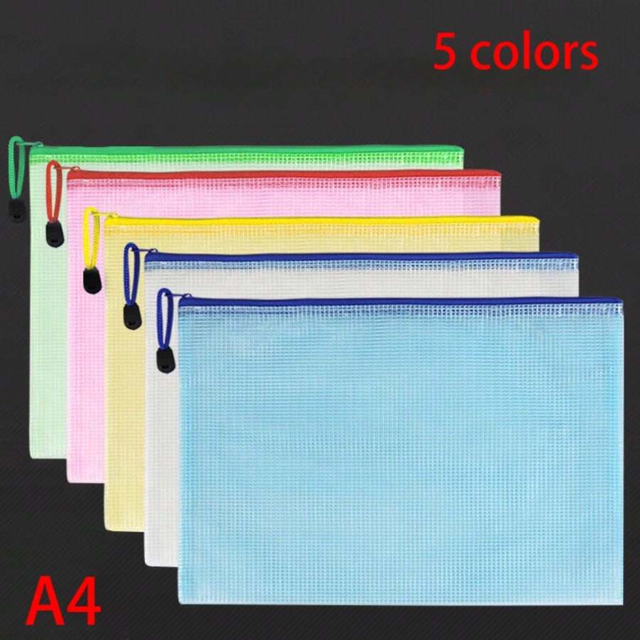 5pcs Zipper A4 Clear Grid PVC Plastic Document Bag, Student Test Paper File Folder, Office Supplies