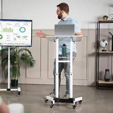 24 Inch Height Adjustable Multi-Purpose Rolling Podium Lectern White CART-V03W With Storage Tray Laptop Workstation Desk - White1 - View 2