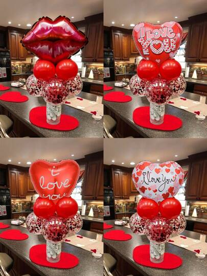 9pcs/Set Valentine's Day Decoration Balloons - Adorable Lip/Mouth/17" Heart "I Love You" Foil Balloons, 12" Red Glitter Latex Balloons, 10" Red Latex Balloons, Suitable For Valentine's Day, Family Day, Engagement, Proposal, Romantic Decor