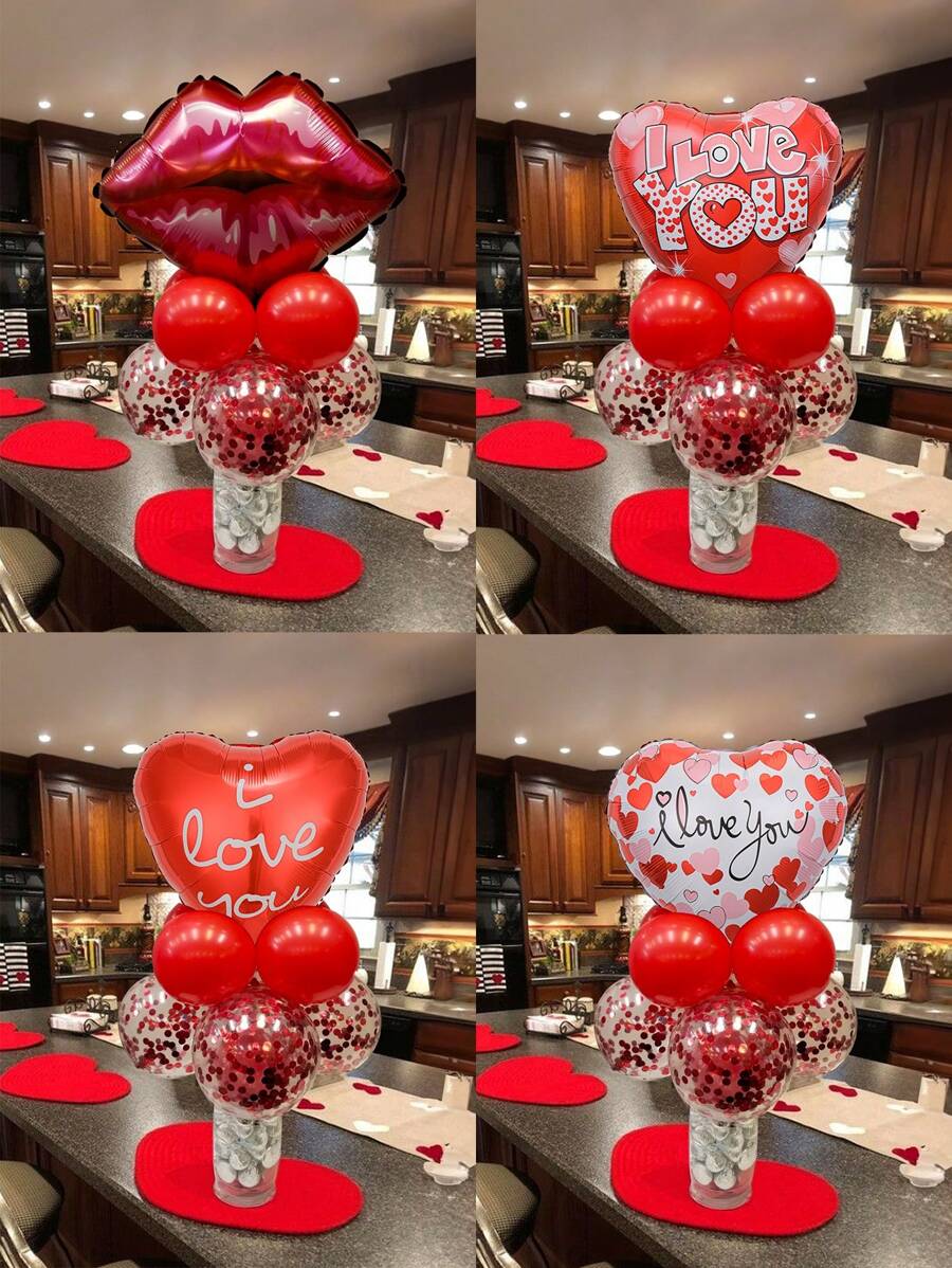 9pcs/Set Valentine's Day Decoration Balloons - Adorable Lip/Mouth/17" Heart "I Love You" Foil Balloons, 12" Red Glitter Latex Balloons, 10" Red Latex Balloons, Suitable For Valentine's Day, Family Day, Engagement, Proposal, Romantic Decor - Multicolor - View 1
