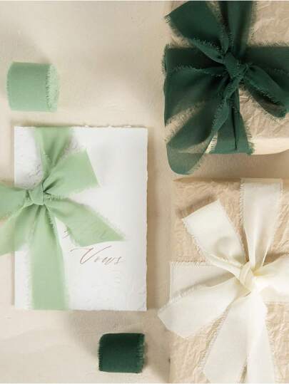 1~3 卷手工雪纺丝绸丝带流苏绿色和奶油色 1.5 英寸 X 5.46 码磨损丝带适用于婚礼请柬、新娘花束、礼品包装工艺品、节日派对装饰