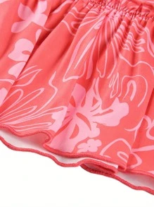 Women's A-Line Mini Skirt, High Waist Floral Print Frill Trim Above Knee Short Skirt - Rosa - Ver 7