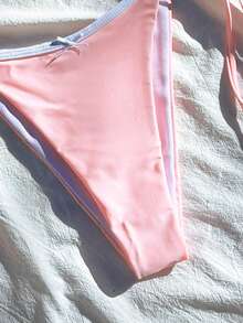 PEPPERMOLLY 全新柔软对比绑带吊带比基尼套装，女士时尚沙滩泳装，粉色泳装，适合夏季度假 - 粉色 - 查看 5