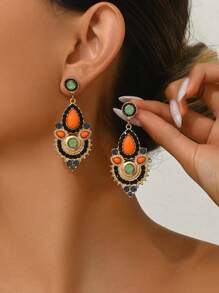 Fashionable Retro Boho Water Drop Shaped Rhinestone Dangle Earrings For Women - Multicolor - View 2
