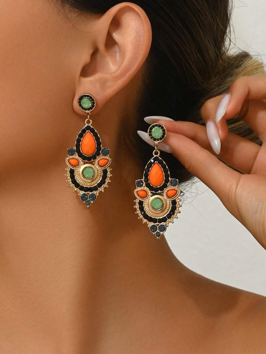 Fashionable Retro Boho Water Drop Shaped Rhinestone Dangle Earrings For Women