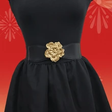 多种尺寸可选，金色花卉装饰弹性连衣裙腰带，高端时尚百搭大衣腰带 - 金色 - 查看 1