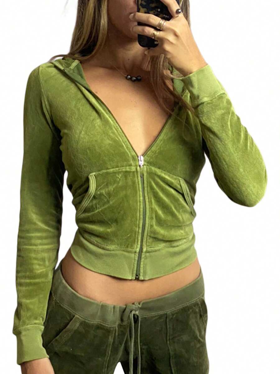 Women Solid Color Hooded Jacket, Match With Elastic Waist Flared Pants, Green/ Rosy - 綠色 - 查看 1