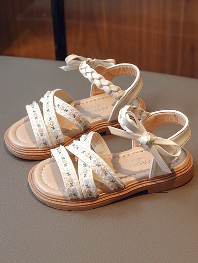 1 Pair Fashion Minimalist Flower & Bow Girls Children Flat Sandals, Suitable For Summer
