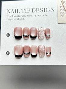 10pcs/Set Handmade Short Trapezoid-Shaped Nail Tips With Lace Trim Black Plaid, Glossy Yuzu-Color Chameleon Effect, Fashion & Versatile Luxurious Minimalist Style, Suitable For Women And Girls Daily Wear, Includes Full Nail Set Nails