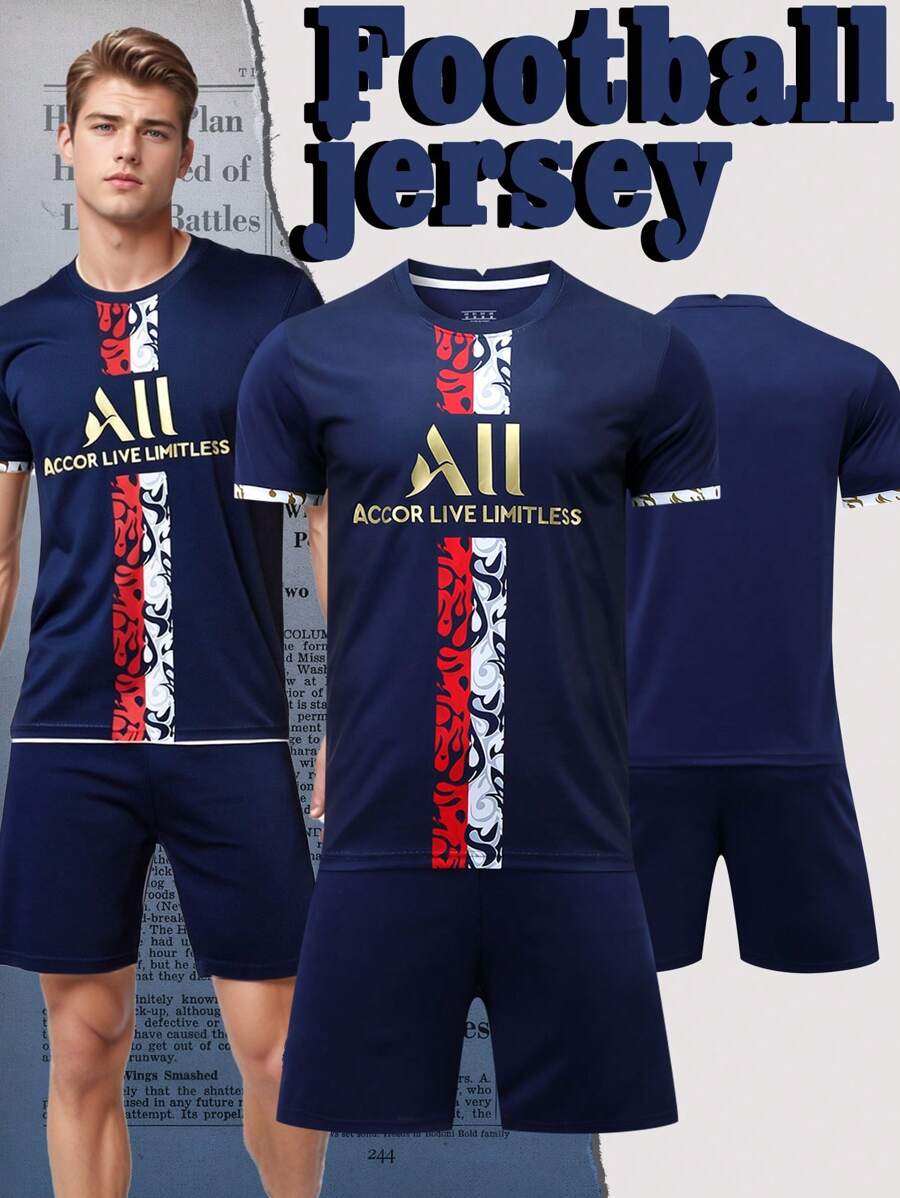 ODMYONO Conjunto de camiseta de fútbol para hombre, con cuello redondo y diseño de rayas de bloques de color, transpirable y cómodo, moda para deportes al aire libre, Od Myono Spring - Azul Marino - Ver 1