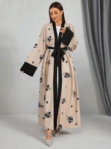 Women's Elegant Floral Print Colorblock Belted Abaya, Vacation Long Boho Modest Robe