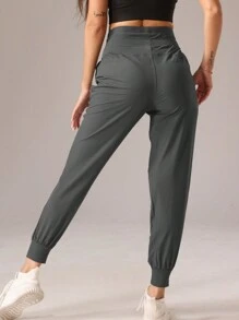 1pc Women Sports Style Pleated Solid Color Casual Pants