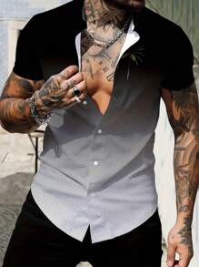 Camisa hawaiana para hombre, camisa de botones de manga corta con cuello vuelto de color degradado, prendas de verano para hombre, parte superior informal con estampado único para hombre - Negro - Ver 1