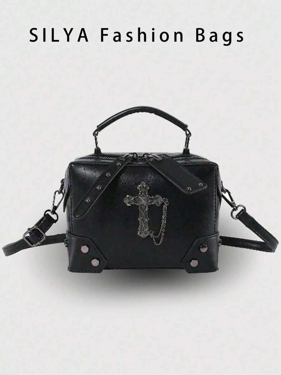 1pc Black Cross Decorated Punk Rock Motorcycle Style Tote Bag, Stylish Rivet Detail Shoulder & Crossbody Makeup Bag For Women, Perfect For Daily Use And Dating Gift - Black - View 1