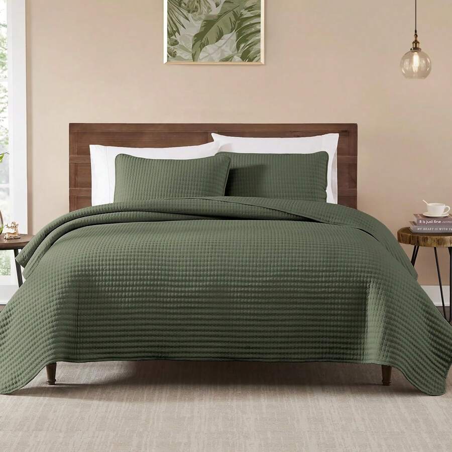 3 Pieces Lightweight Soft Quilts Sets For All Seasons, Quilt Bedding Set Bedspread Coverlet Suitable For Bed, Couch, Quilt Blanket - Màu xanh Ô liu - Xem 1