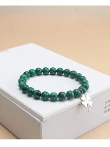 1pc Green Turquoise Beaded Bracelet With Stainless Steel Four-Leaf Clover Pendant, Suitable For Men's Daily Wear, Perfect Gift For St. Patrick's Day