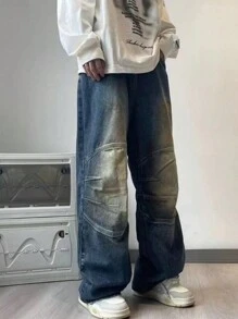 Teenagers Boys' Spring Autumn New Loose Fit Jeans, Retro Design, Baggy Style Casual Long Pants - 藍色 - 查看 1