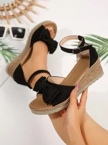 Women's Mesh Bow Decor Platform Wedge Sandals, Comfortable Buckle Closure, Summer,Travel Essential - Black - View 3