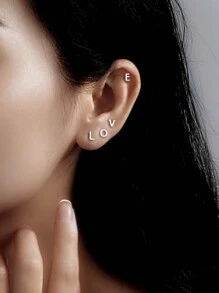 1 对简约不锈钢 26 个英文字母耳钉，带首字母的情侣耳环 - 金黃色 - 查看 2
