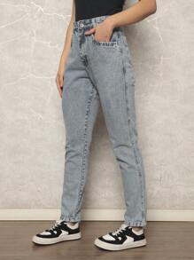 Women's High Waisted Mom Jeans Marbled Thick Fabric Gaven Premium 100% Denim High Waist - 中等水洗藍 - 查看 1